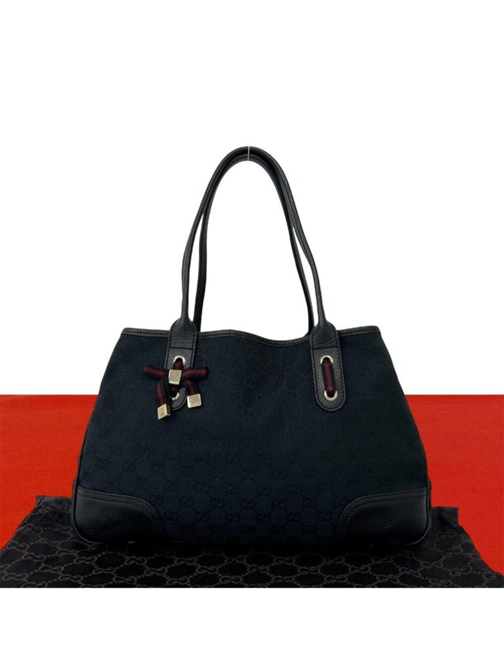 Gucci Sherry Line GG Canvas Pattern Leather Tote Bag Black